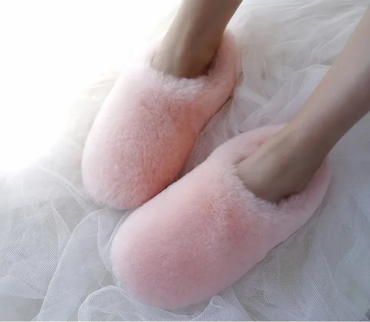 Natural Sheepskin Fur Slippers for Women Warm Wool Winter Indoor Home Shoes Fashion Casual Lady Slip-On House Slippers