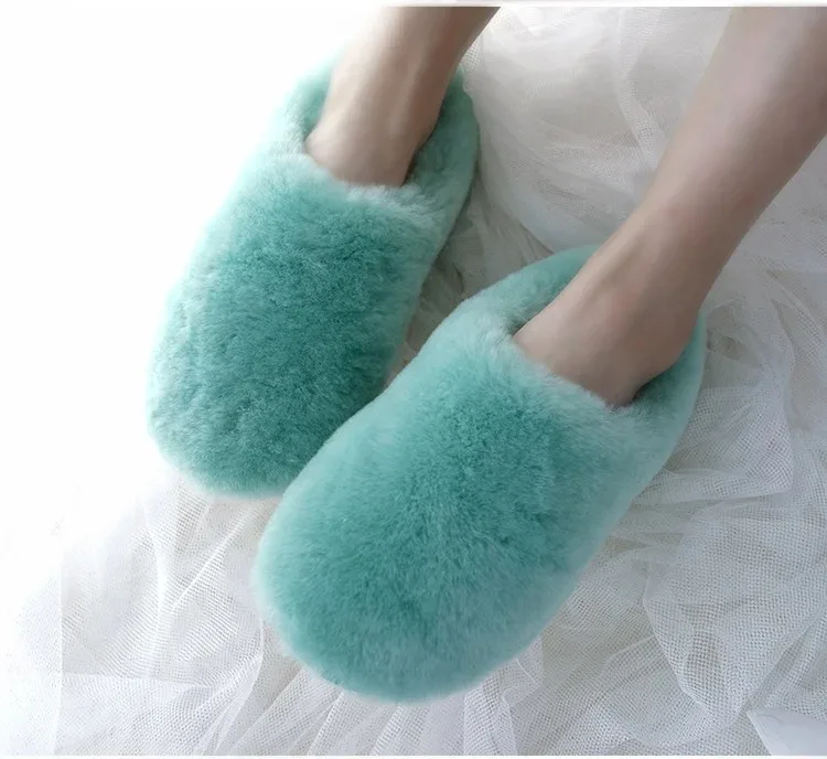 Natural Sheepskin Fur Slippers for Women Warm Wool Winter Indoor Home Shoes Fashion Casual Lady Slip-On House Slippers