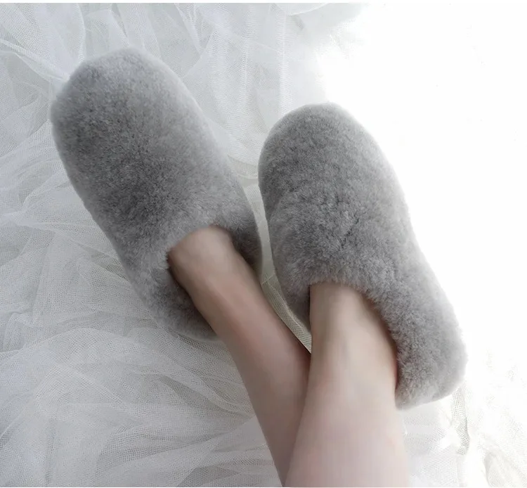 Natural Sheepskin Fur Slippers for Women Warm Wool Winter Indoor Home Shoes Fashion Casual Lady Slip-On House Slippers