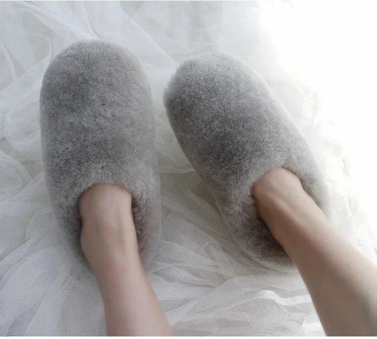 Natural Sheepskin Fur Slippers for Women Warm Wool Winter Indoor Home Shoes Fashion Casual Lady Slip-On House Slippers