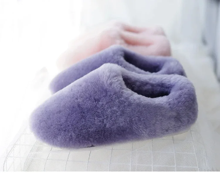 Natural Sheepskin Fur Slippers for Women Warm Wool Winter Indoor Home Shoes Fashion Casual Lady Slip-On House Slippers