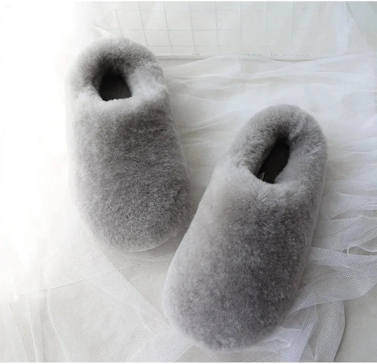 Natural Sheepskin Fur Slippers for Women Warm Wool Winter Indoor Home Shoes Fashion Casual Lady Slip-On House Slippers