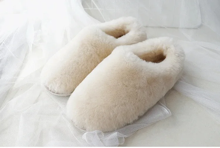 Natural Sheepskin Fur Slippers for Women Warm Wool Winter Indoor Home Shoes Fashion Casual Lady Slip-On House Slippers