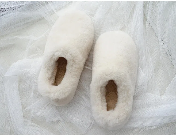 Natural Sheepskin Fur Slippers for Women Warm Wool Winter Indoor Home Shoes Fashion Casual Lady Slip-On House Slippers