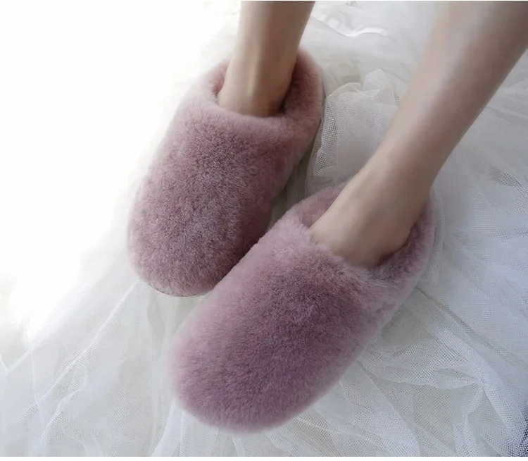 Natural Sheepskin Fur Slippers for Women Warm Wool Winter Indoor Home Shoes Fashion Casual Lady Slip-On House Slippers