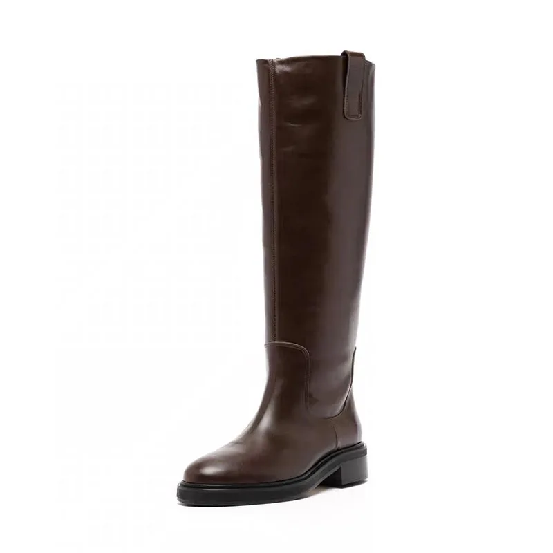 Arden Furtado brown boots for women knee high genuine leather square heel long boots Round toe Slip-on tan bootie Riding boots