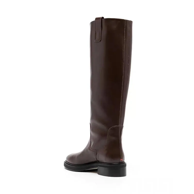 Arden Furtado brown boots for women knee high genuine leather square heel long boots Round toe Slip-on tan bootie Riding boots