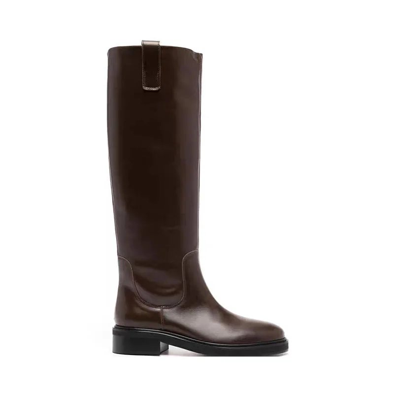 Arden Furtado brown boots for women knee high genuine leather square heel long boots Round toe Slip-on tan bootie Riding boots