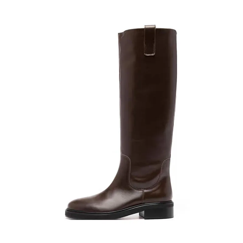 Arden Furtado brown boots for women knee high genuine leather square heel long boots Round toe Slip-on tan bootie Riding boots