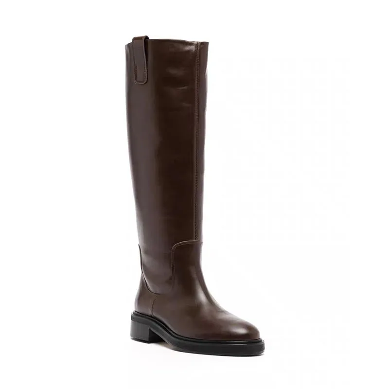 Arden Furtado brown boots for women knee high genuine leather square heel long boots Round toe Slip-on tan bootie Riding boots