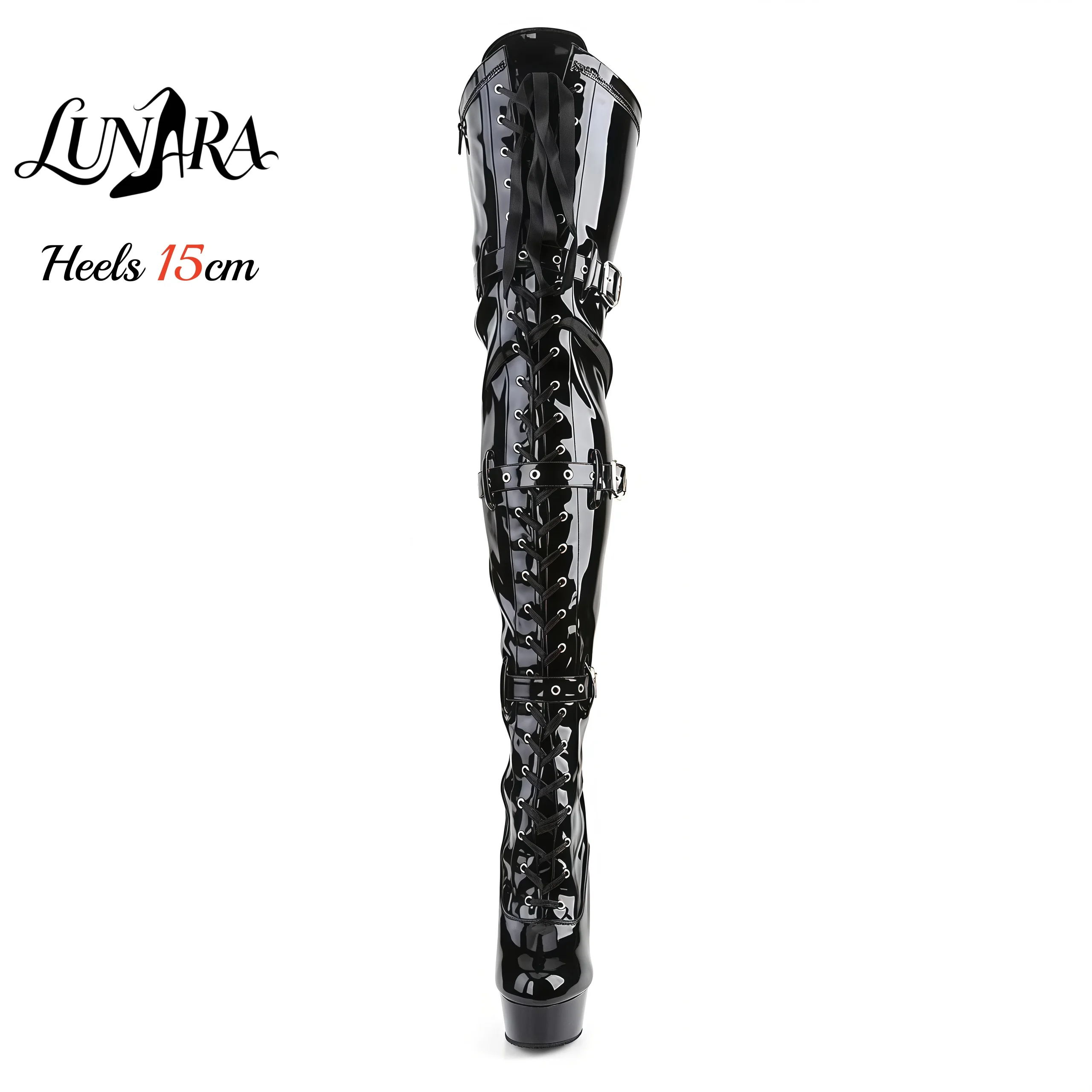 15cm/6Inch Black Patent Platform High Heel Thigh High Boots Lace-Up Buckle Zipper Non-slip Gothic Performance Pole Dance Ladies