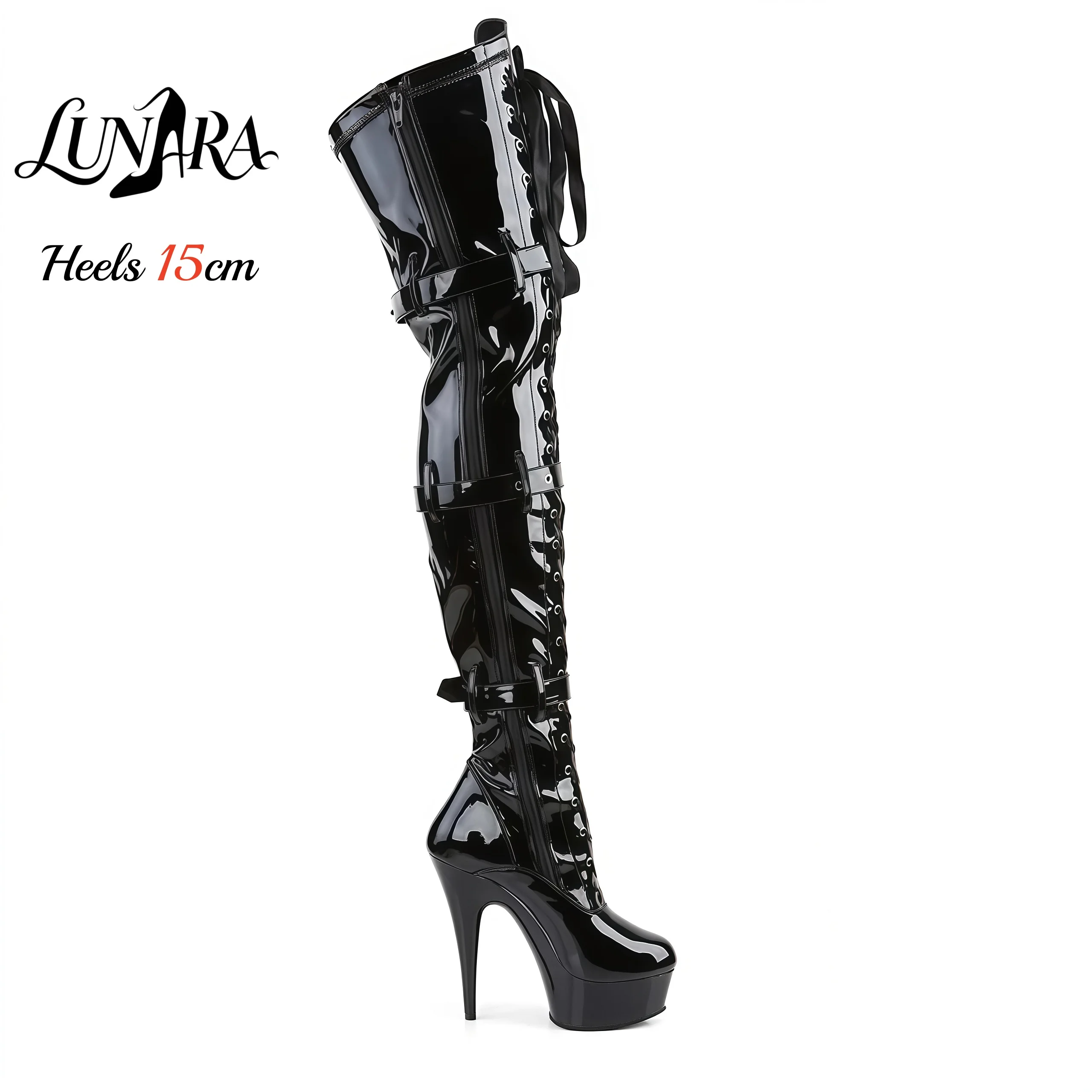 15cm/6Inch Black Patent Platform High Heel Thigh High Boots Lace-Up Buckle Zipper Non-slip Gothic Performance Pole Dance Ladies