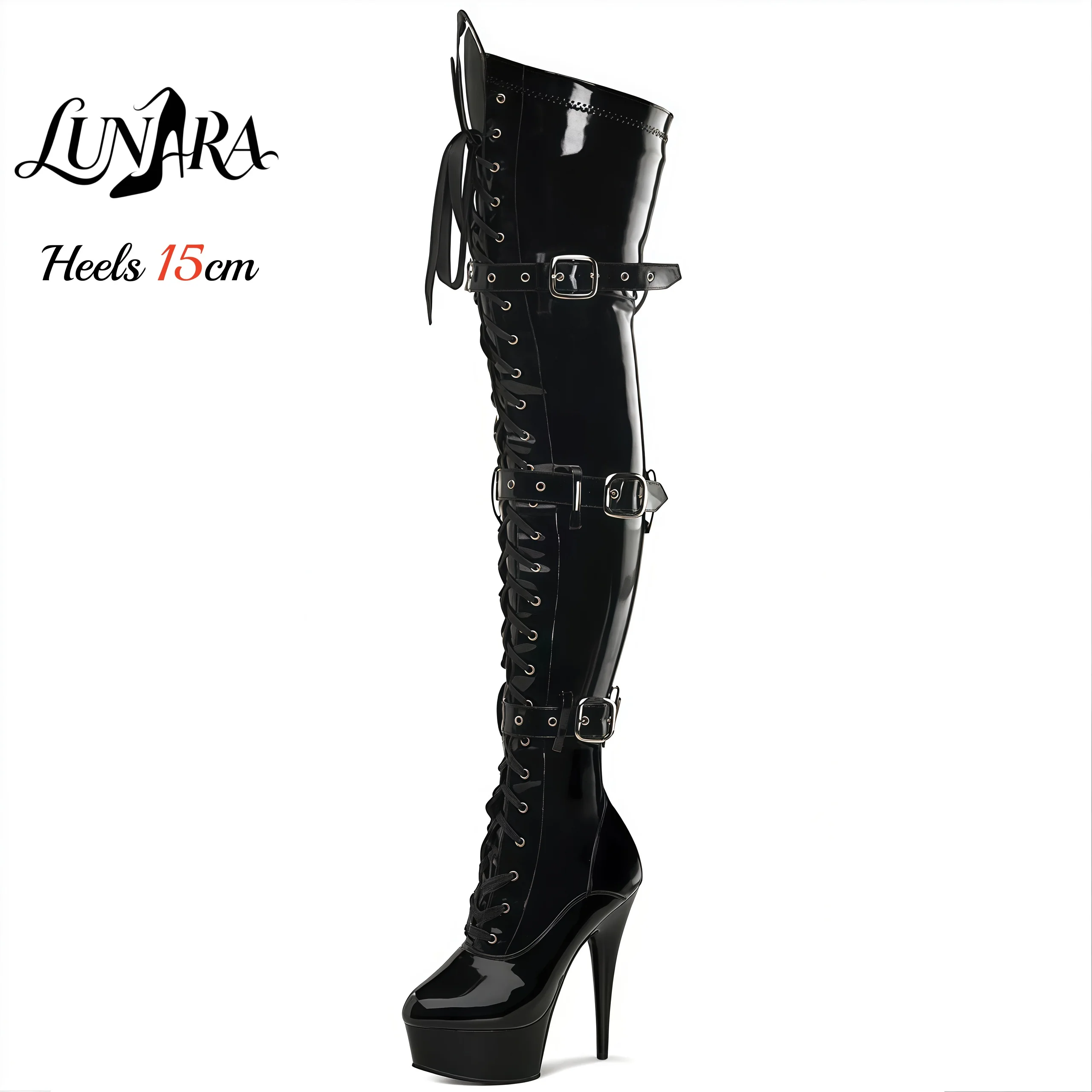 15cm/6Inch Black Patent Platform High Heel Thigh High Boots Lace-Up Buckle Zipper Non-slip Gothic Performance Pole Dance Ladies