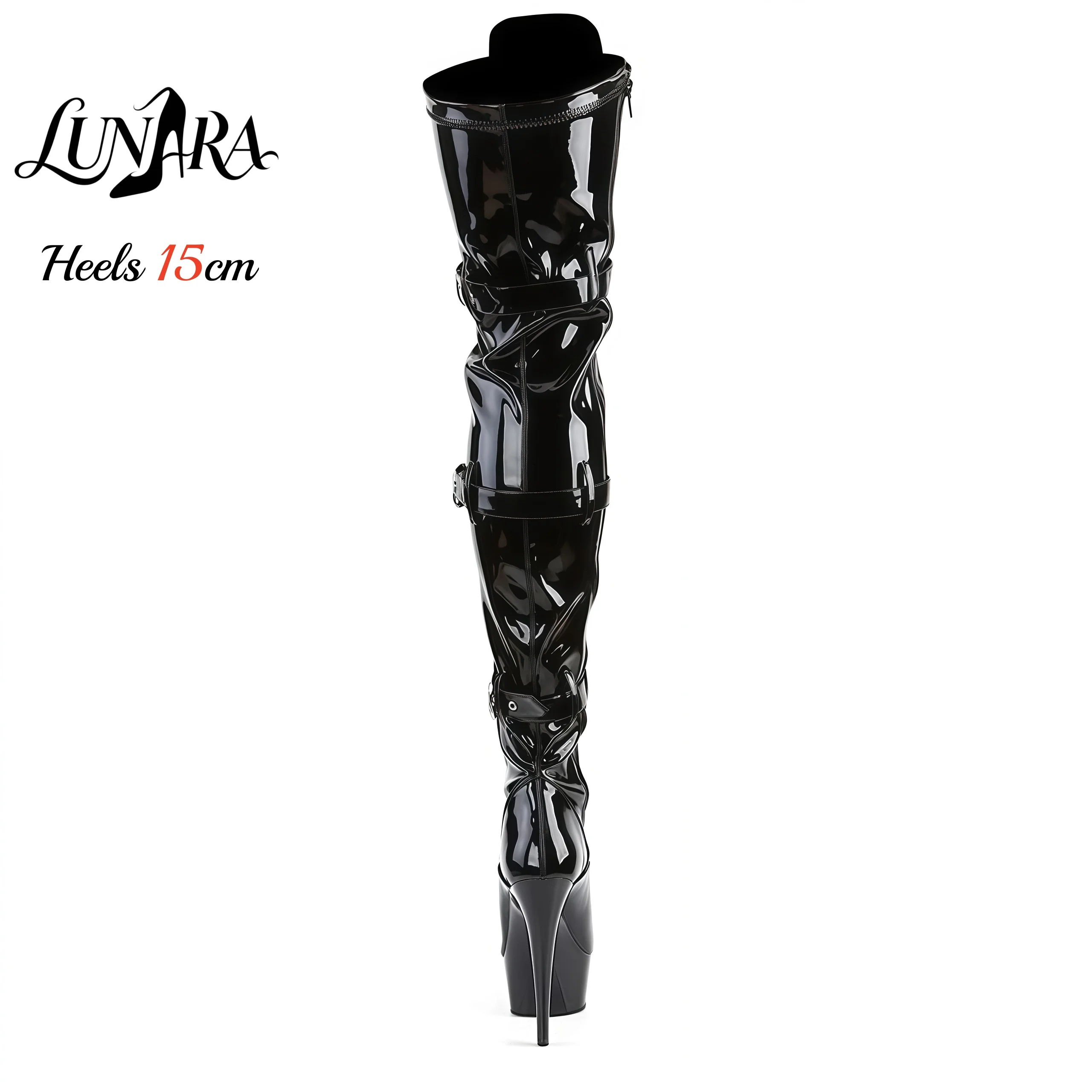 15cm/6Inch Black Patent Platform High Heel Thigh High Boots Lace-Up Buckle Zipper Non-slip Gothic Performance Pole Dance Ladies