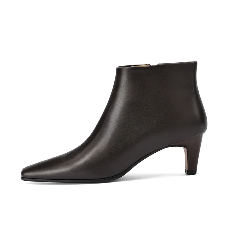 NEW TREND 2026 Autumn Winter Women Genuine Leather Ankle Boots High Block Heels Black Brown Elegant Pointed Toe Side Zipper Boot