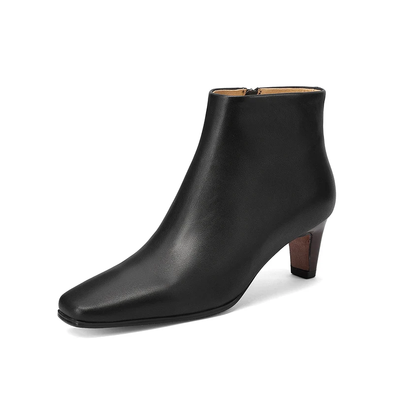 NEW TREND 2026 Autumn Winter Women Genuine Leather Ankle Boots High Block Heels Black Brown Elegant Pointed Toe Side Zipper Boot