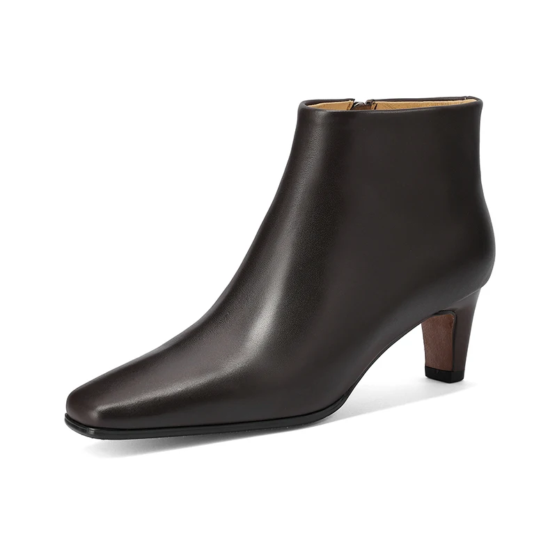NEW TREND 2026 Autumn Winter Women Genuine Leather Ankle Boots High Block Heels Black Brown Elegant Pointed Toe Side Zipper Boot