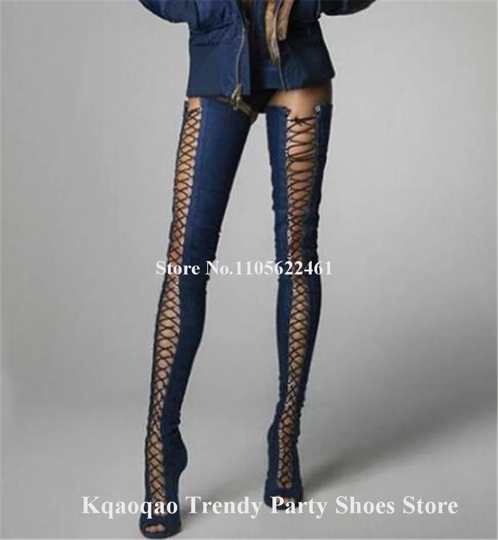 Kqaoqao Sexy Blue Denim Stiletto Heel Over Knee Boots Peep Toe Lace-up Thigh High Thin Heel Long Boots Big Size Boots