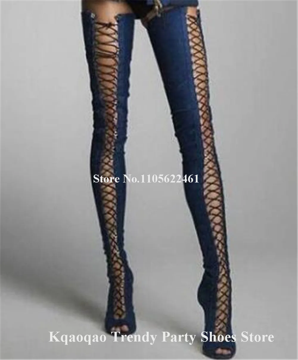 Kqaoqao Sexy Blue Denim Stiletto Heel Over Knee Boots Peep Toe Lace-up Thigh High Thin Heel Long Boots Big Size Boots