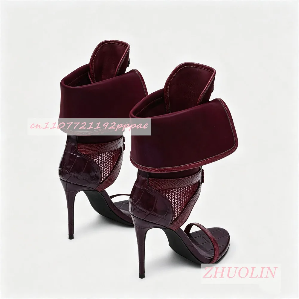 Women Burgundy Open Toe Ankle Boots Stiletto Heel Lace Up Boots Patent Leather Statement Shoes Backless Evening Fashion Footwear
