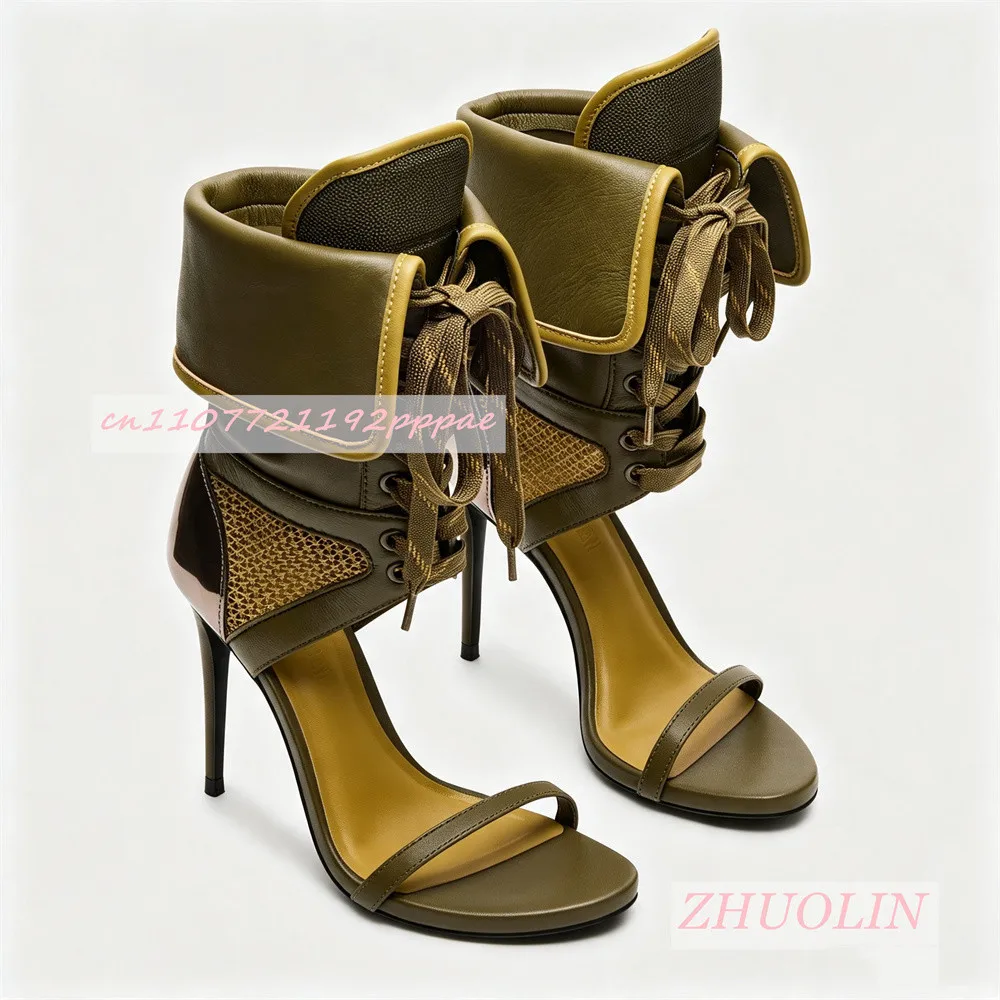 Women Burgundy Open Toe Ankle Boots Stiletto Heel Lace Up Boots Patent Leather Statement Shoes Backless Evening Fashion Footwear