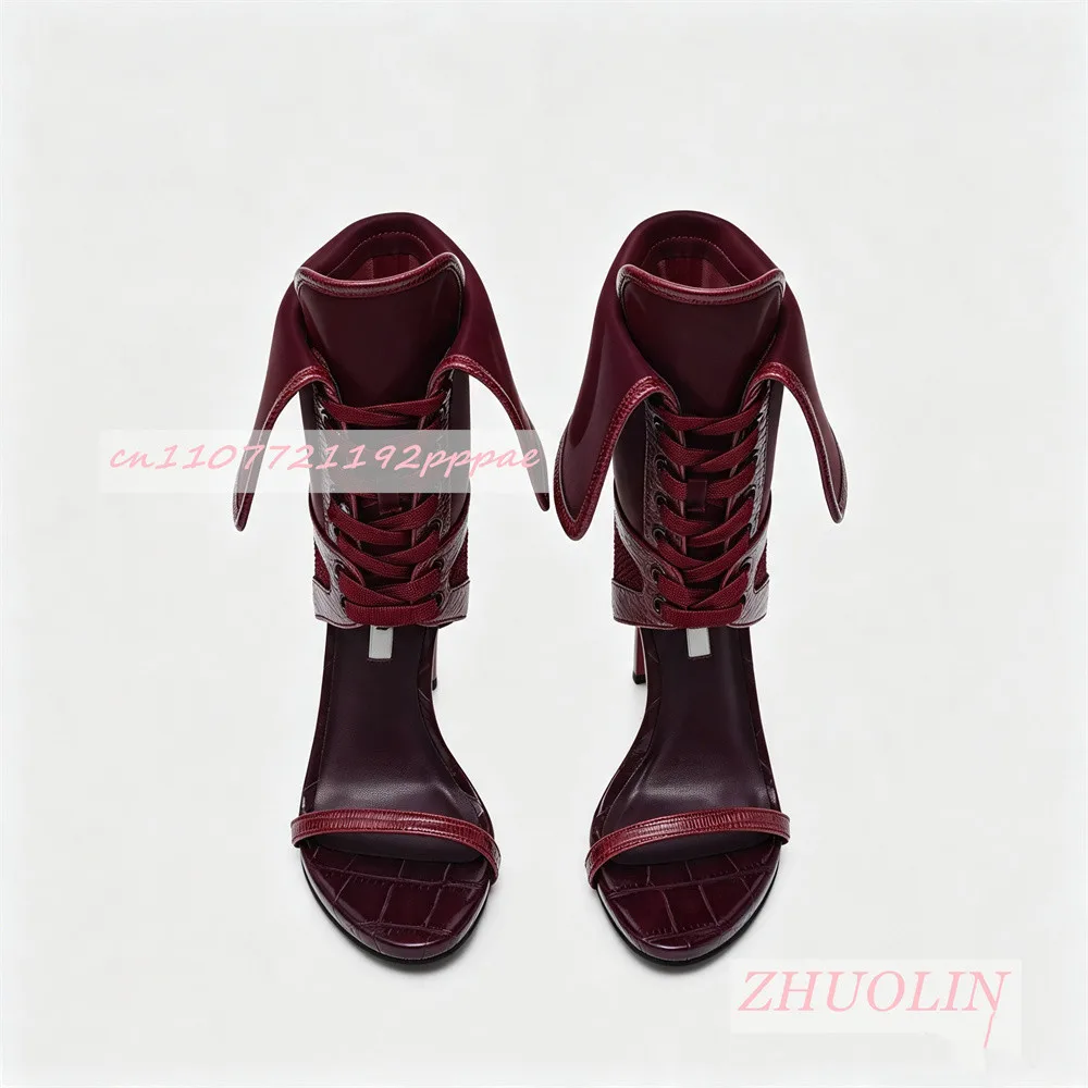 Women Burgundy Open Toe Ankle Boots Stiletto Heel Lace Up Boots Patent Leather Statement Shoes Backless Evening Fashion Footwear