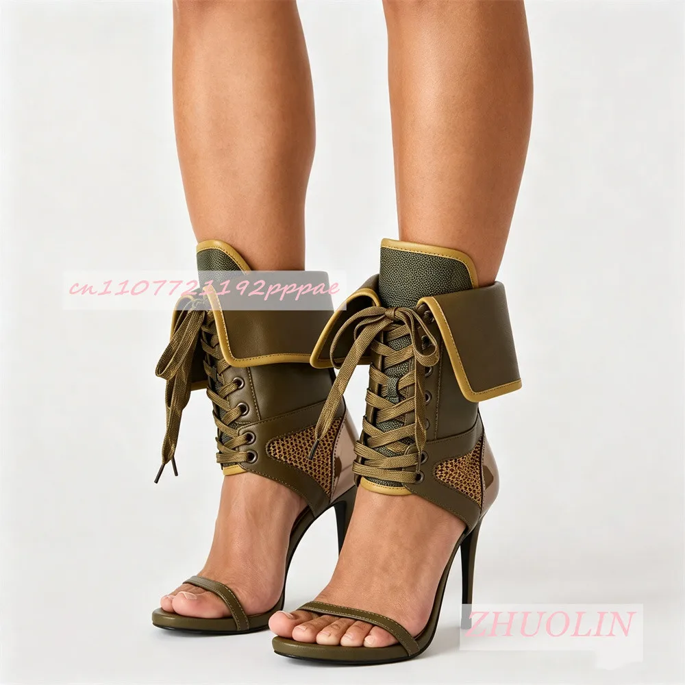 Women Burgundy Open Toe Ankle Boots Stiletto Heel Lace Up Boots Patent Leather Statement Shoes Backless Evening Fashion Footwear