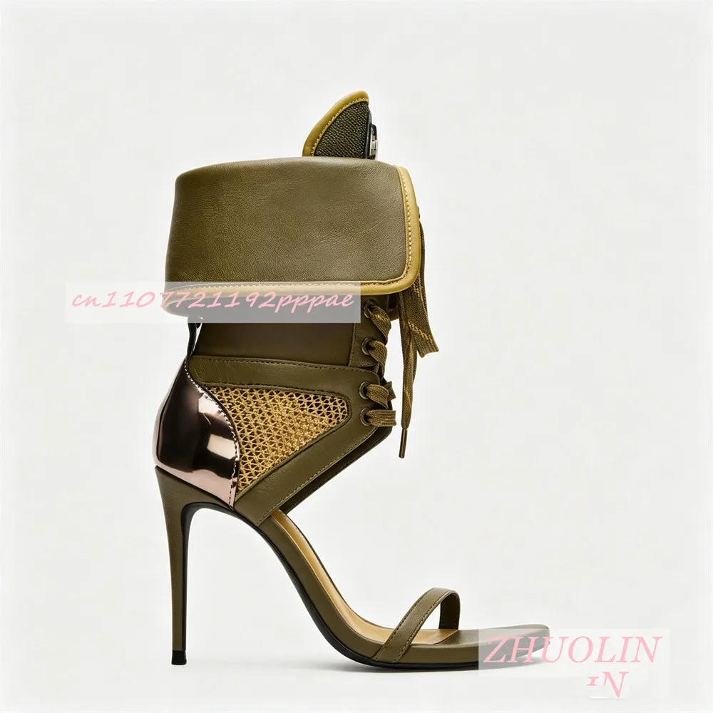 Women Burgundy Open Toe Ankle Boots Stiletto Heel Lace Up Boots Patent Leather Statement Shoes Backless Evening Fashion Footwear