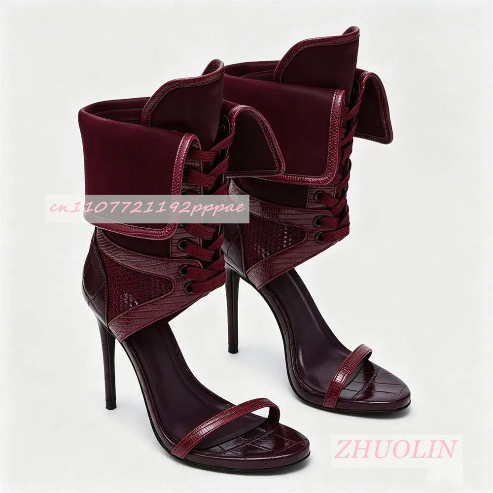 Women Burgundy Open Toe Ankle Boots Stiletto Heel Lace Up Boots Patent Leather Statement Shoes Backless Evening Fashion Footwear