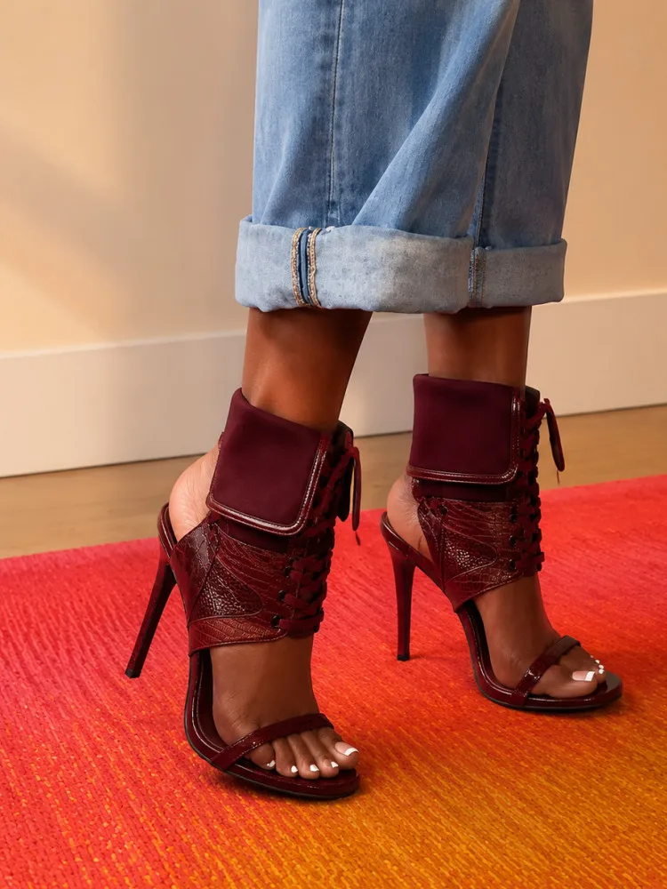 Women Burgundy Open Toe Ankle Boots Stiletto Heel Lace Up Boots Patent Leather Statement Shoes Backless Evening Fashion Footwear