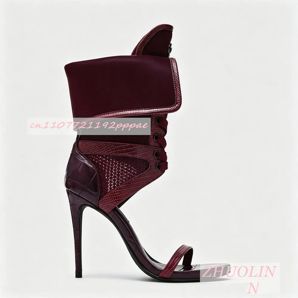 Women Burgundy Open Toe Ankle Boots Stiletto Heel Lace Up Boots Patent Leather Statement Shoes Backless Evening Fashion Footwear