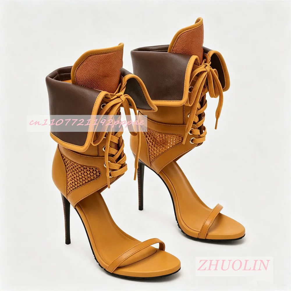 Women Burgundy Open Toe Ankle Boots Stiletto Heel Lace Up Boots Patent Leather Statement Shoes Backless Evening Fashion Footwear