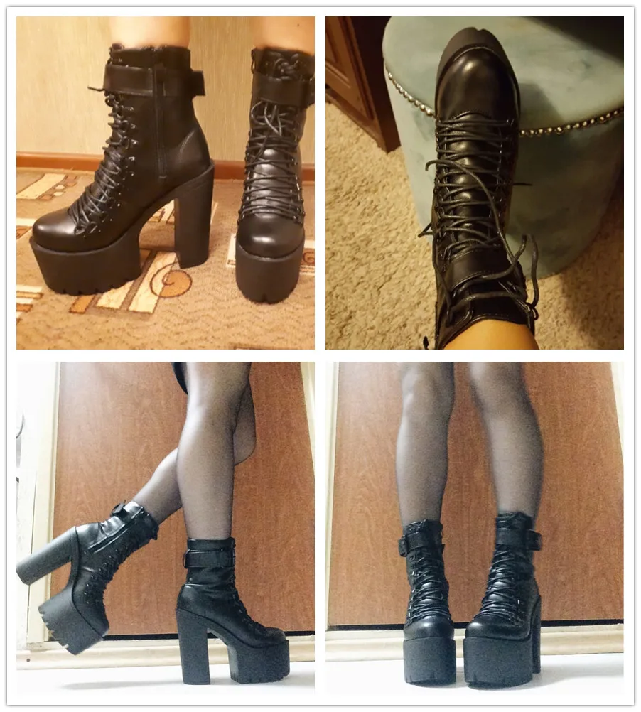 Gdgydh Fashion Motorcycle Boots Women Leather Spring Autumn Metal Buckle High Heels Shoes Zipper Black Ankle Boots Woman Lacing