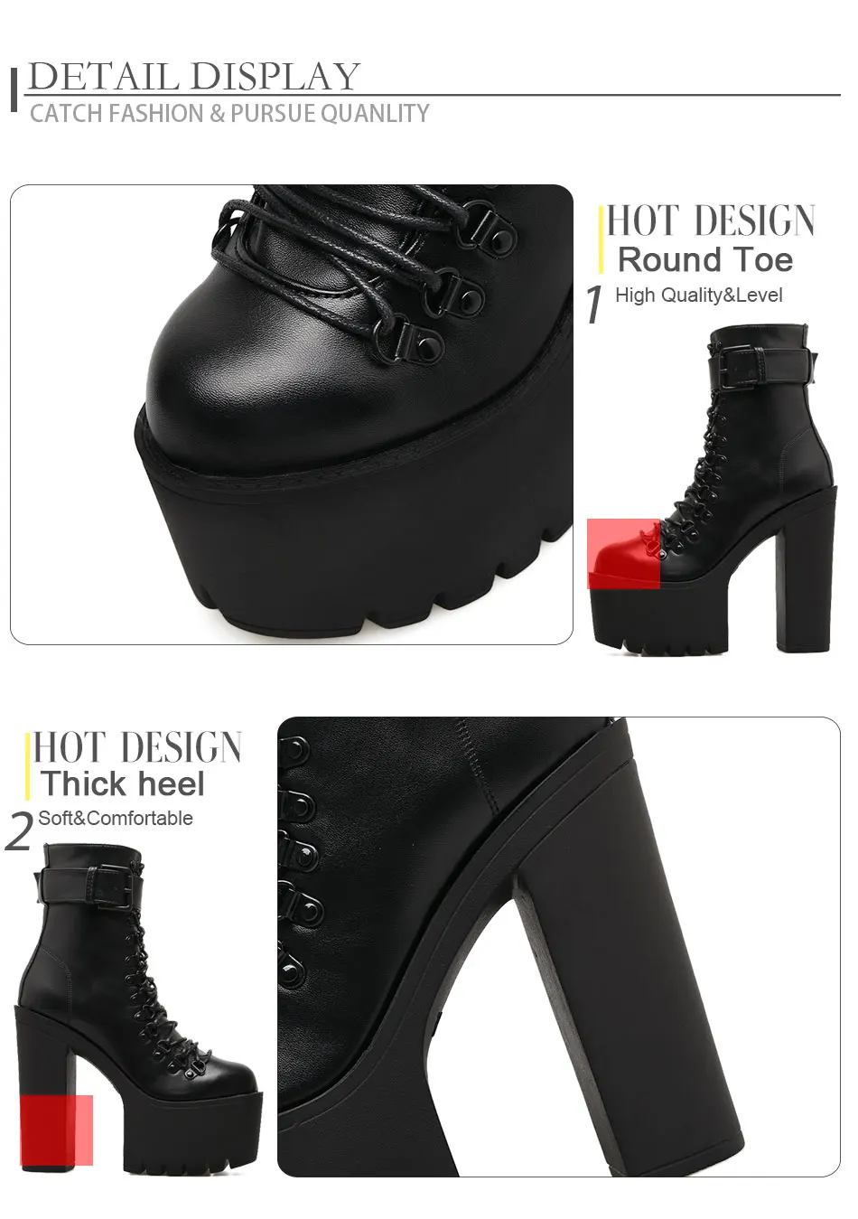 Gdgydh Fashion Motorcycle Boots Women Leather Spring Autumn Metal Buckle High Heels Shoes Zipper Black Ankle Boots Woman Lacing
