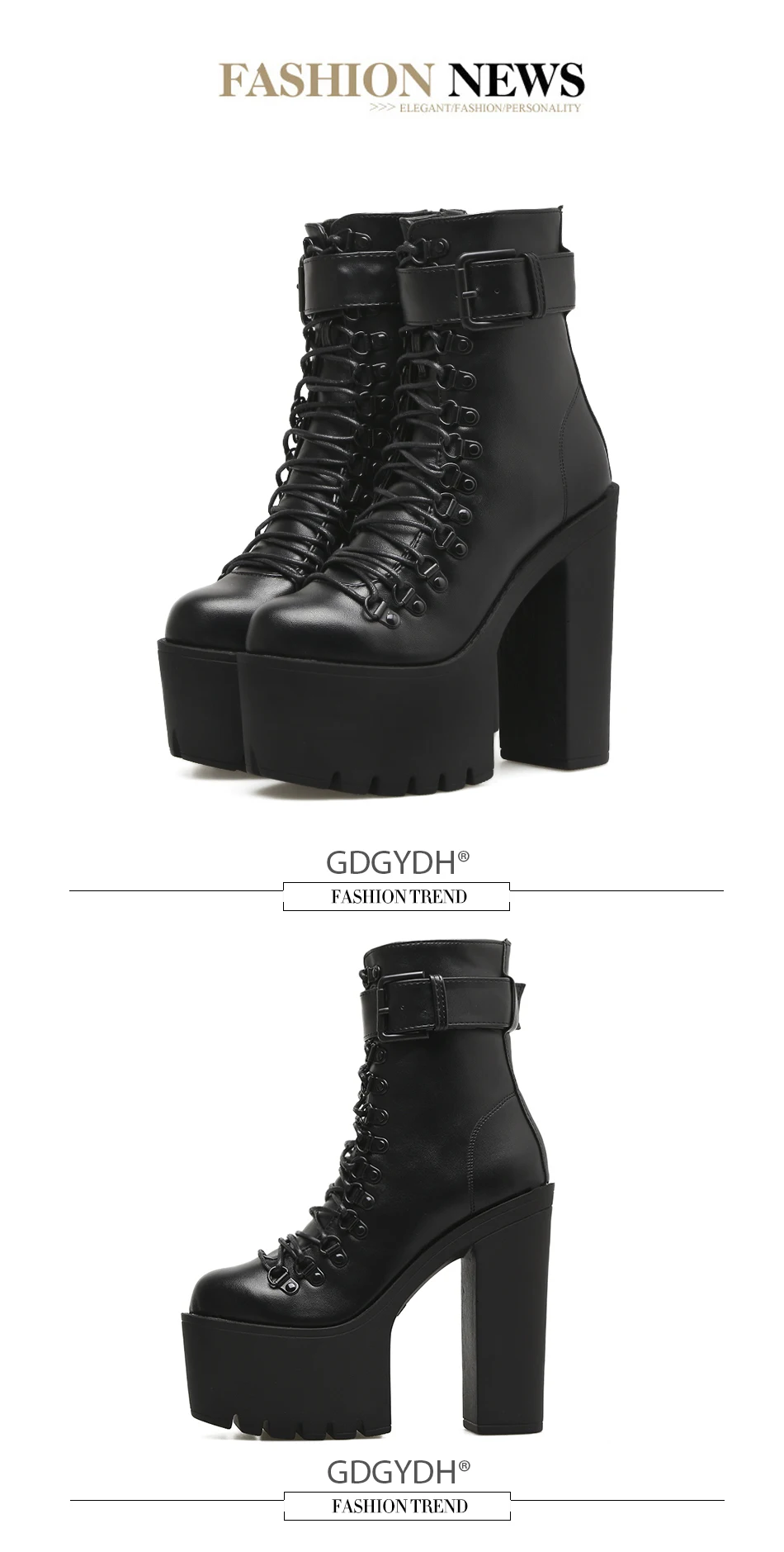 Gdgydh Fashion Motorcycle Boots Women Leather Spring Autumn Metal Buckle High Heels Shoes Zipper Black Ankle Boots Woman Lacing