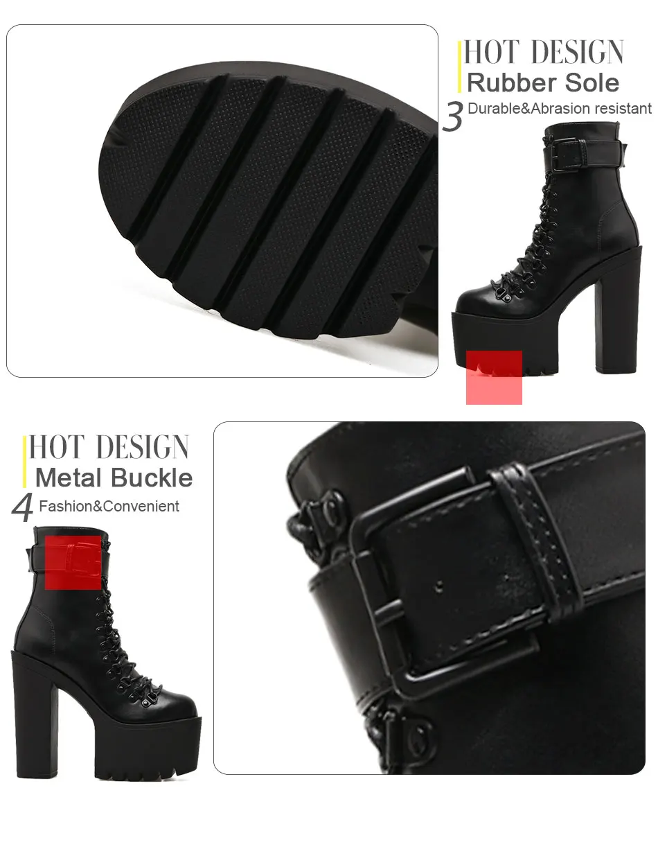Gdgydh Fashion Motorcycle Boots Women Leather Spring Autumn Metal Buckle High Heels Shoes Zipper Black Ankle Boots Woman Lacing