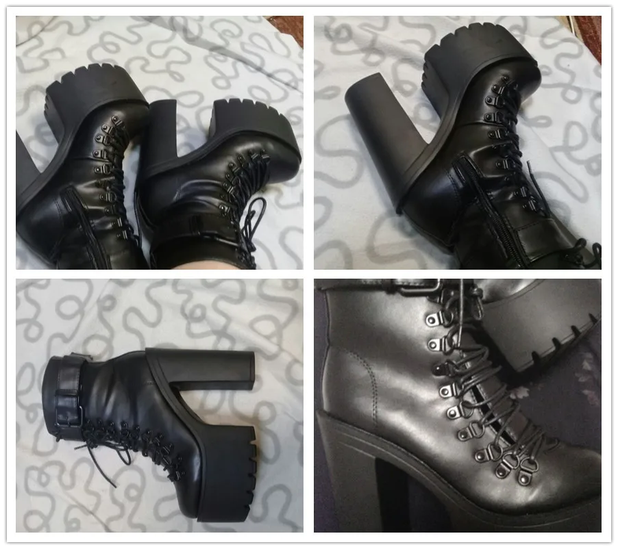 Gdgydh Fashion Motorcycle Boots Women Leather Spring Autumn Metal Buckle High Heels Shoes Zipper Black Ankle Boots Woman Lacing