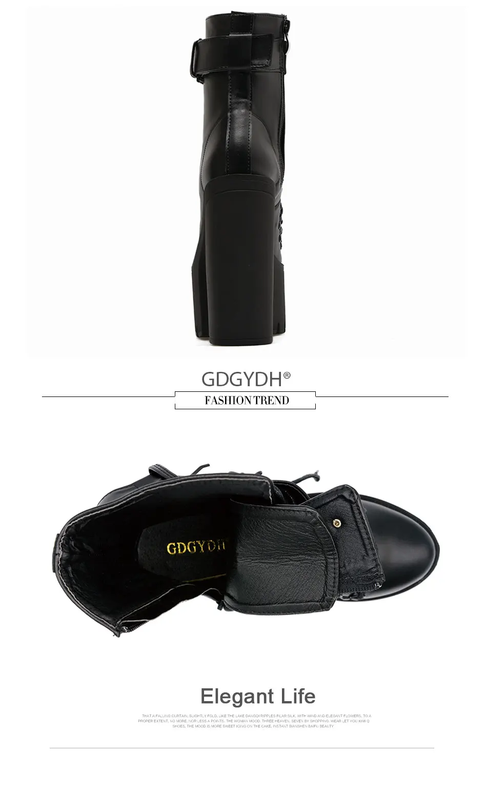 Gdgydh Fashion Motorcycle Boots Women Leather Spring Autumn Metal Buckle High Heels Shoes Zipper Black Ankle Boots Woman Lacing