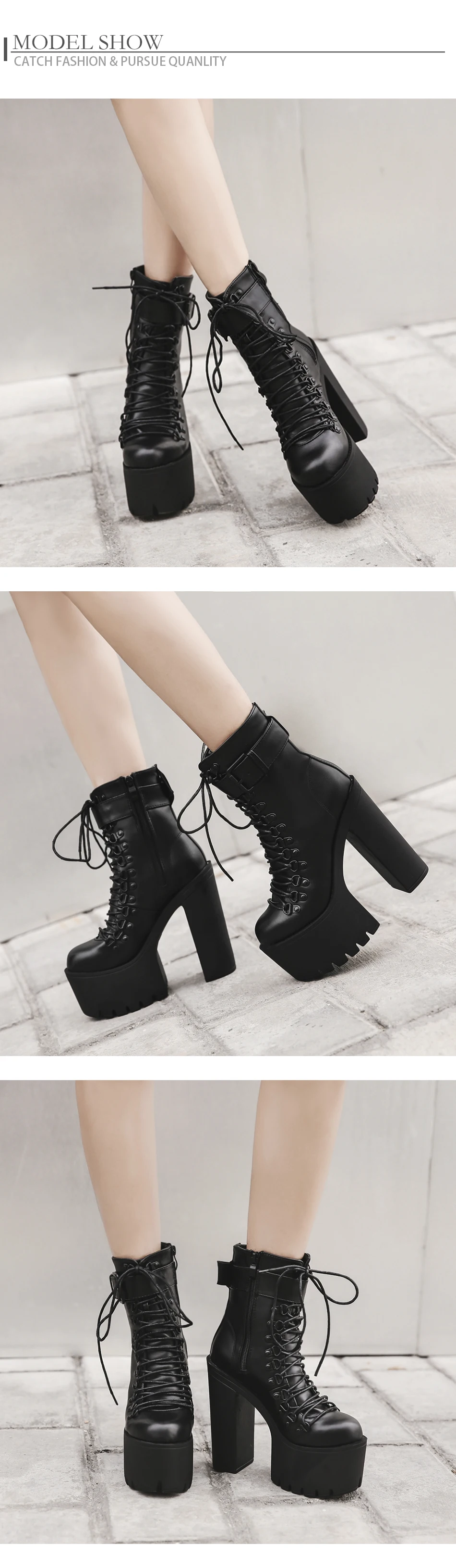 Gdgydh Fashion Motorcycle Boots Women Leather Spring Autumn Metal Buckle High Heels Shoes Zipper Black Ankle Boots Woman Lacing