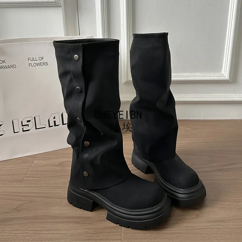 Autumn Winter Platform Chunky Sole Woman Knee High Boots Concise Side Metal Buttons Slip On Shoes Streetwear Daily Long Booties