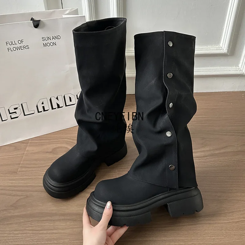 Autumn Winter Platform Chunky Sole Woman Knee High Boots Concise Side Metal Buttons Slip On Shoes Streetwear Daily Long Booties