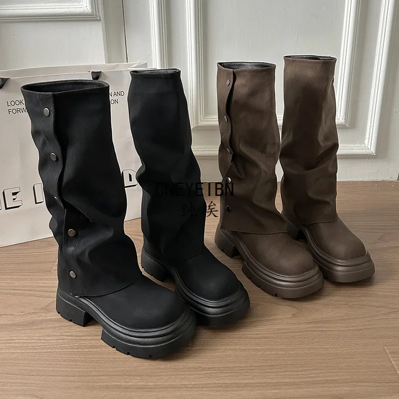 Autumn Winter Platform Chunky Sole Woman Knee High Boots Concise Side Metal Buttons Slip On Shoes Streetwear Daily Long Booties
