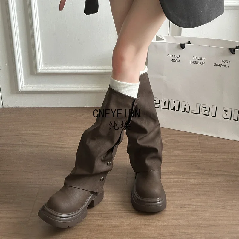 Autumn Winter Platform Chunky Sole Woman Knee High Boots Concise Side Metal Buttons Slip On Shoes Streetwear Daily Long Booties
