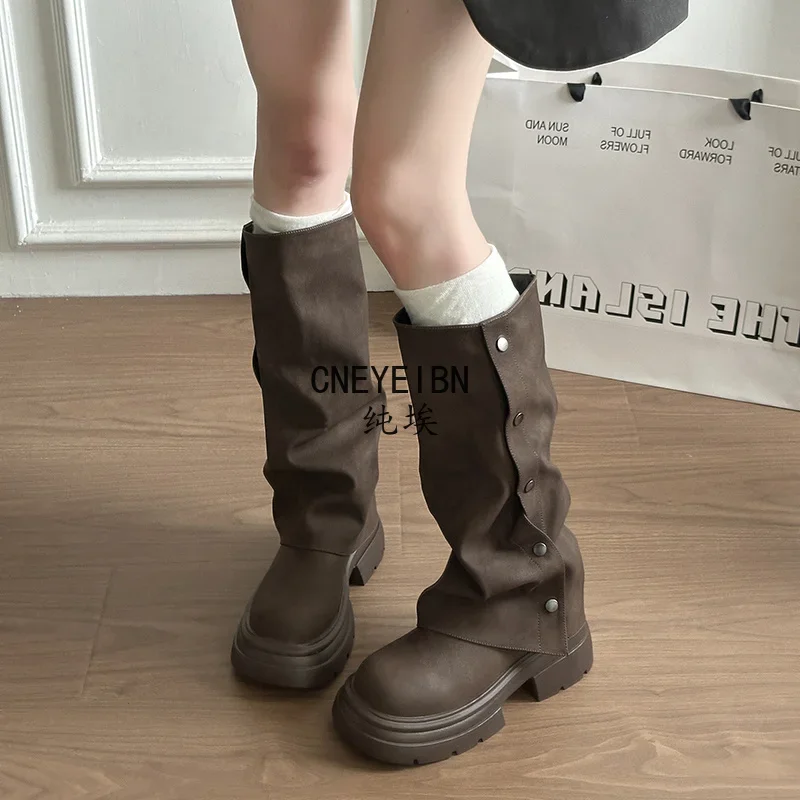 Autumn Winter Platform Chunky Sole Woman Knee High Boots Concise Side Metal Buttons Slip On Shoes Streetwear Daily Long Booties