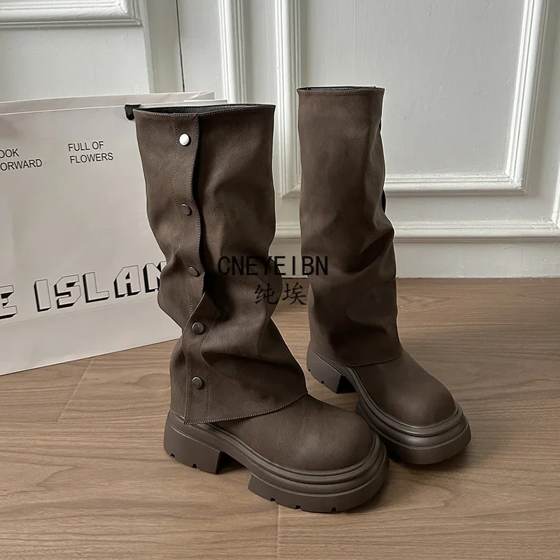 Autumn Winter Platform Chunky Sole Woman Knee High Boots Concise Side Metal Buttons Slip On Shoes Streetwear Daily Long Booties