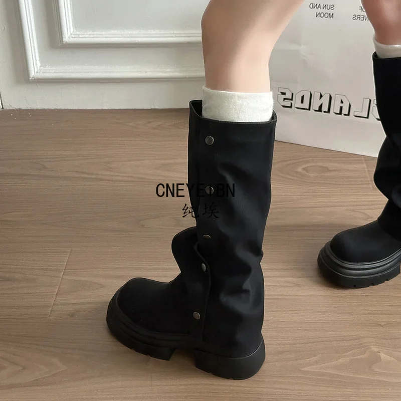 Autumn Winter Platform Chunky Sole Woman Knee High Boots Concise Side Metal Buttons Slip On Shoes Streetwear Daily Long Booties
