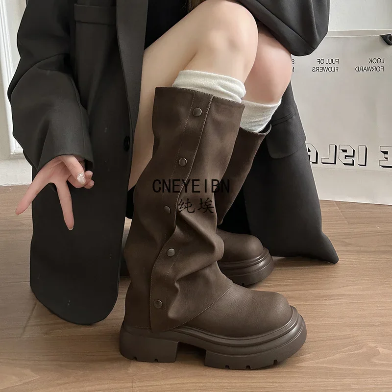 Autumn Winter Platform Chunky Sole Woman Knee High Boots Concise Side Metal Buttons Slip On Shoes Streetwear Daily Long Booties