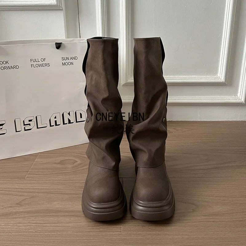 Autumn Winter Platform Chunky Sole Woman Knee High Boots Concise Side Metal Buttons Slip On Shoes Streetwear Daily Long Booties