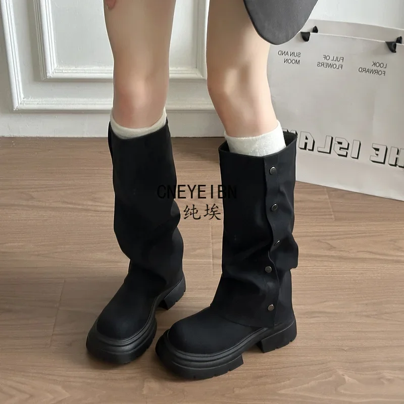 Autumn Winter Platform Chunky Sole Woman Knee High Boots Concise Side Metal Buttons Slip On Shoes Streetwear Daily Long Booties