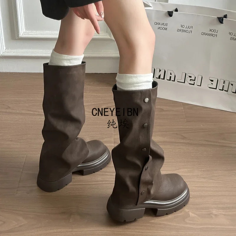 Autumn Winter Platform Chunky Sole Woman Knee High Boots Concise Side Metal Buttons Slip On Shoes Streetwear Daily Long Booties